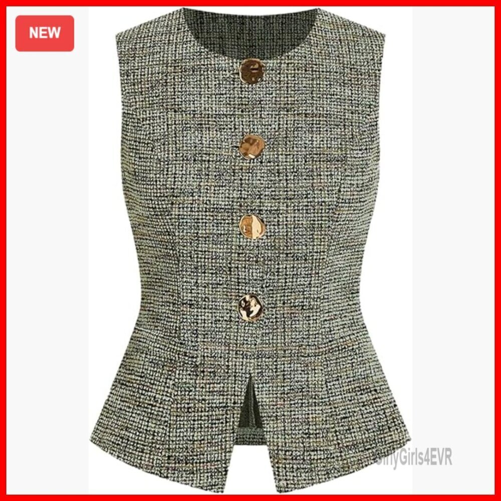 Women's Tweed Blazer Vest Sleeveless Square Neck Business Casual Cardigan